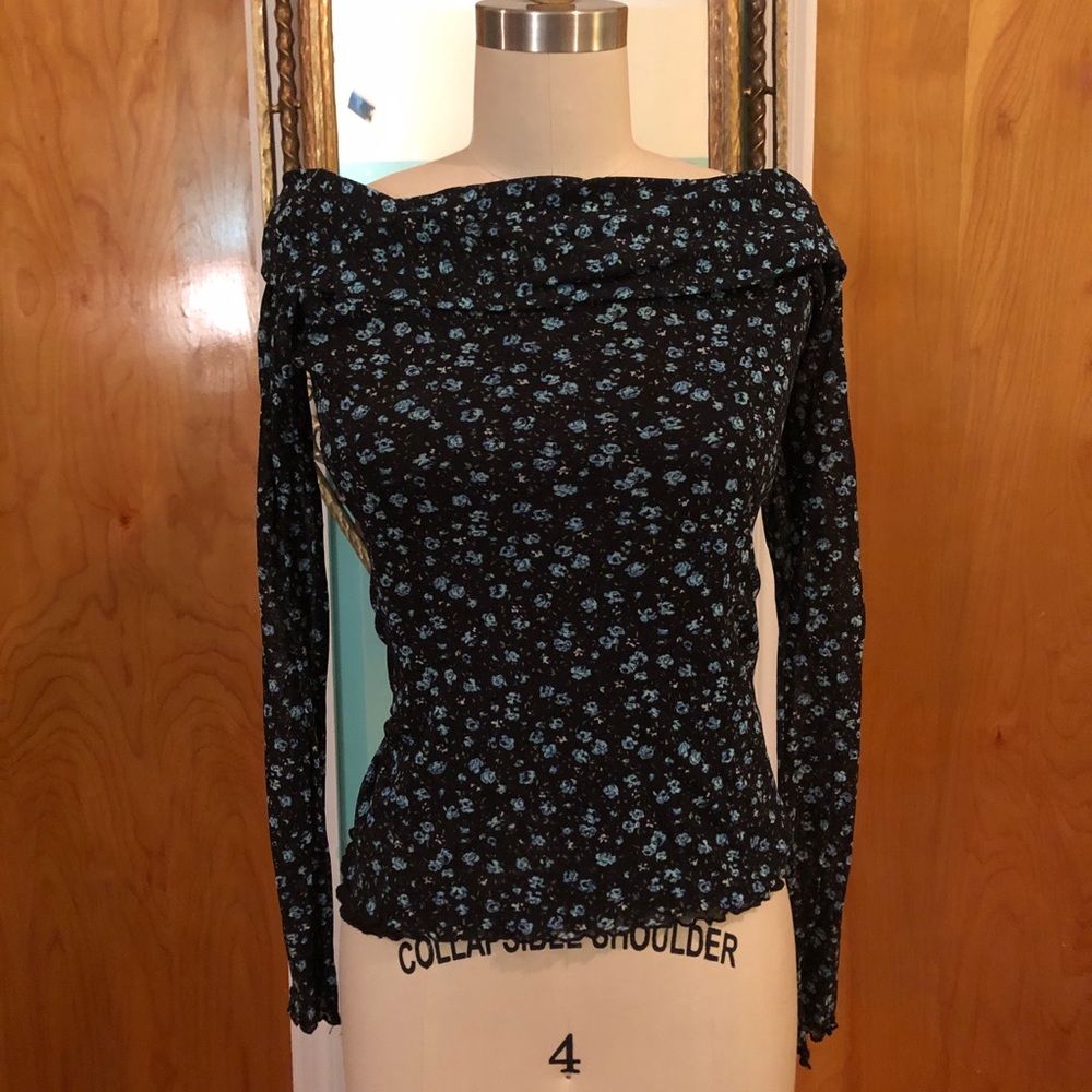 Vintage 90s black blue floral print mesh long sleeve top, size small/med